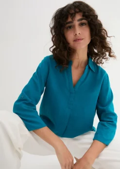 bonprix bonprix Blusa de mangas 3/4 con lino turquesa New
