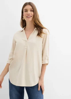 bonprix bonprix Blusa de mangas 3/4 con lino gris guijarro Sale