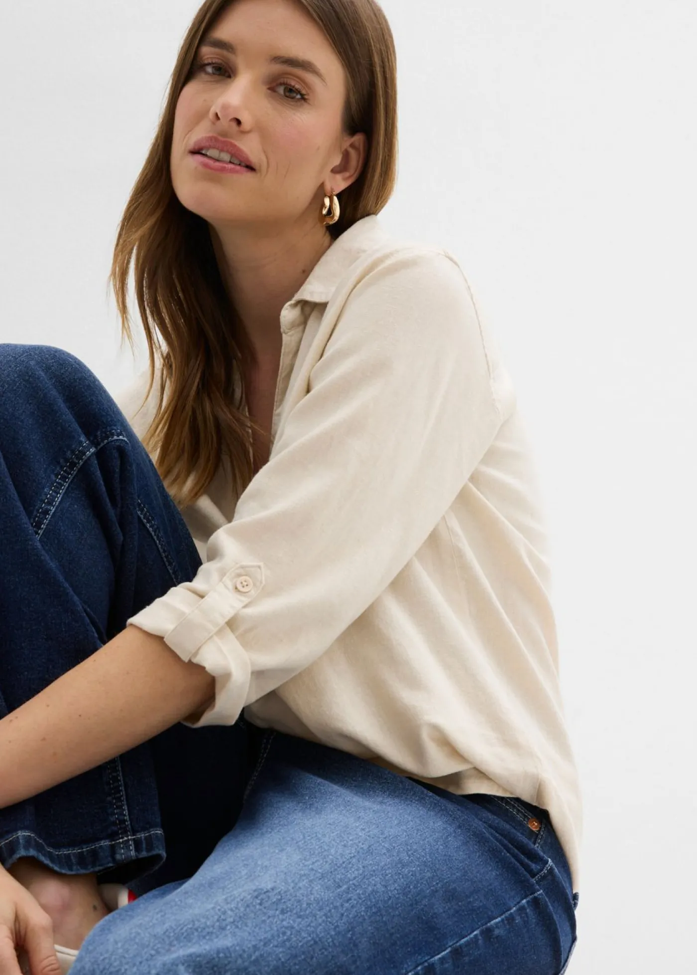 bonprix bonprix Blusa de mangas 3/4 con lino gris guijarro Sale