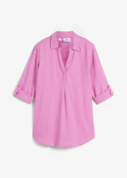 bonprix bonprix Blusa de mangas 3/4 con lino Rosa violáceo New