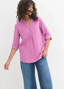 bonprix bonprix Blusa de mangas 3/4 con lino Rosa violáceo New