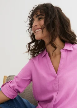 bonprix bonprix Blusa de mangas 3/4 con lino Rosa violáceo New