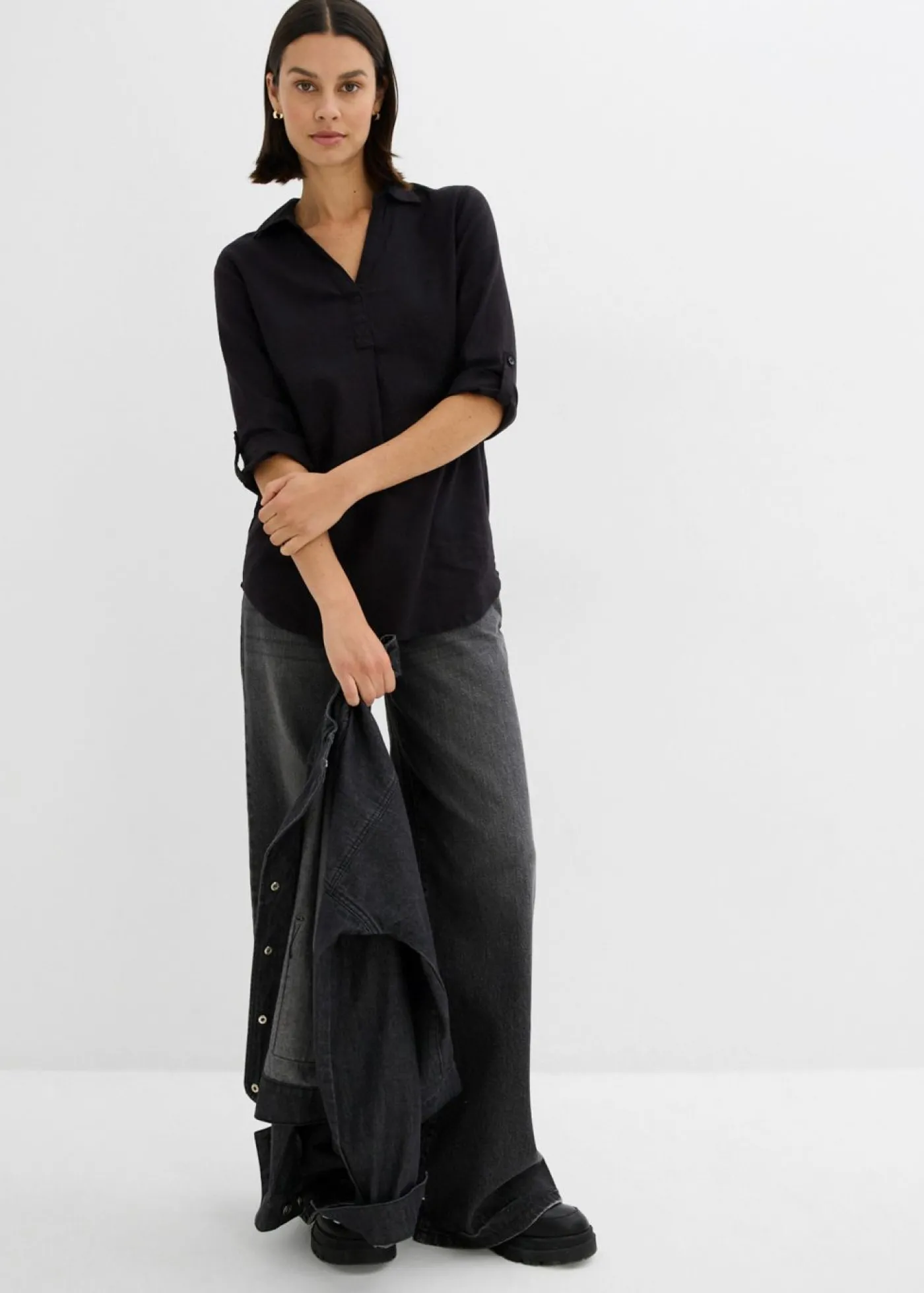 bonprix bonprix Blusa de mangas 3/4 con lino Negro Outlet