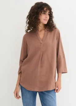 bonprix bonprix Blusa de mangas 3/4 con lino marrón Outlet