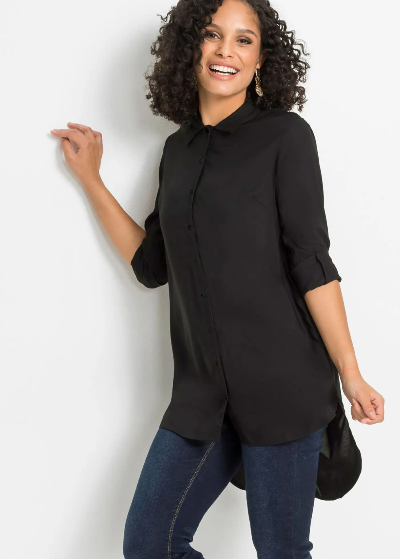 bonprix bonprix Blusa de mezcla de algodón y viscosa Negro Outlet