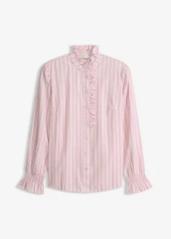 bonprix bonprix Blusa de popelín con volantes en el cuello rosa cristal-amarillo claro-azul ártico con rayas Clearance