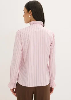 bonprix bonprix Blusa de popelín con volantes en el cuello rosa cristal-amarillo claro-azul ártico con rayas Clearance