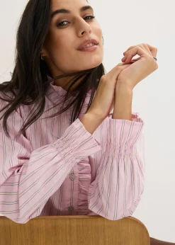 bonprix bonprix Blusa de popelín con volantes en el cuello rosa cristal-amarillo claro-azul ártico con rayas Clearance