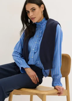 bonprix bonprix Blusa de popelín con volantes en el cuello Azul provenzal/blanco/pink lady de rayas Clearance
