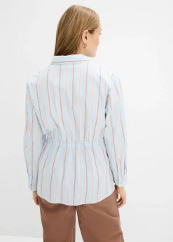 bonprix bonprix Blusa de popelín de algodón elástico azul pálido-blanco-marrón rayas verticales Hot