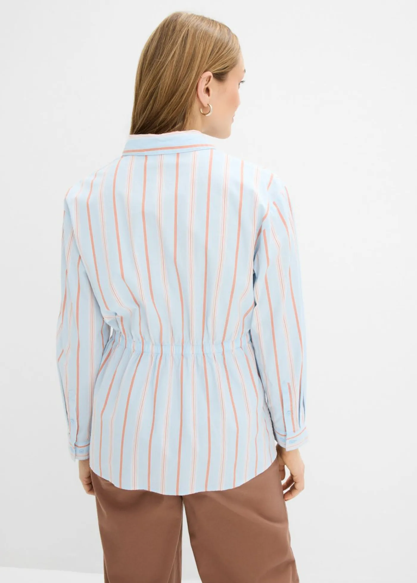 bonprix bonprix Blusa de popelín de algodón elástico azul pálido-blanco-marrón rayas verticales Hot
