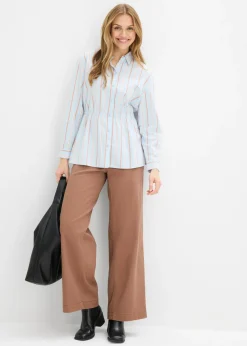 bonprix bonprix Blusa de popelín de algodón elástico azul pálido-blanco-marrón rayas verticales Hot