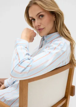 bonprix bonprix Blusa de popelín de algodón elástico azul pálido-blanco-marrón rayas verticales Hot