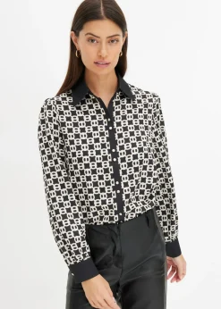 bonprix bonprix Blusa de satén Negro-blanco lana Discount