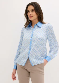 bonprix bonprix Blusa de satén Azul provenzal/beige natural con estampado gráfico Online