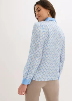 bonprix bonprix Blusa de satén Azul provenzal/beige natural con estampado gráfico Online