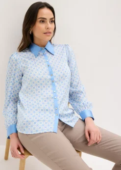 bonprix bonprix Blusa de satén Azul provenzal/beige natural con estampado gráfico Online