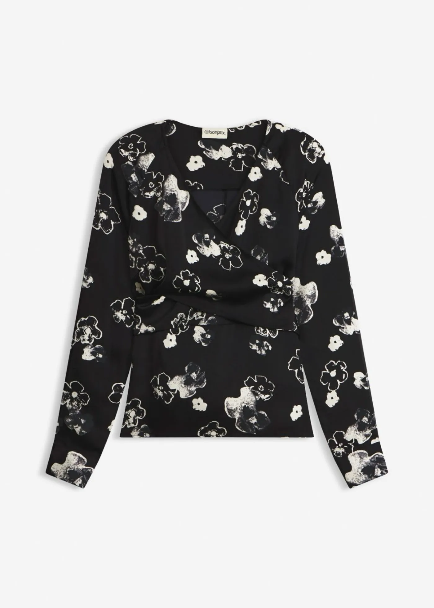 bonprix bonprix Blusa de satén fluido Negro con flores New