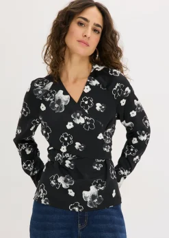 bonprix bonprix Blusa de satén fluido Negro con flores New
