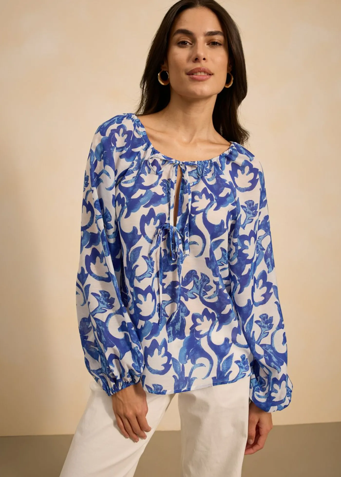 bonprix bonprix Blusa de túnica estampada Blanco-azul