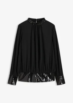 bonprix bonprix Blusa de tul fino con lentejuelas Negro New