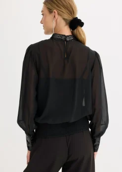 bonprix bonprix Blusa de tul fino con lentejuelas Negro New