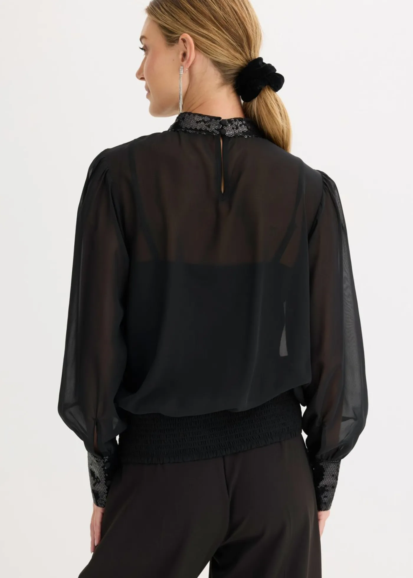 bonprix bonprix Blusa de tul fino con lentejuelas Negro New