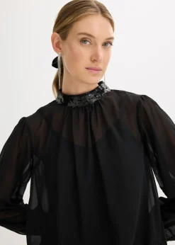 bonprix bonprix Blusa de tul fino con lentejuelas Negro New