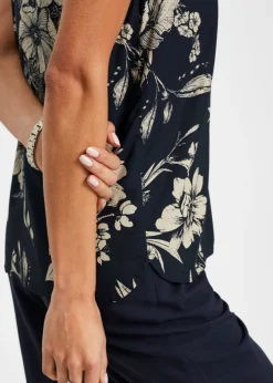 bonprix bonprix Blusa de viscosa azul marino/gris guijarro de flores Outlet