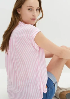 bonprix bonprix Blusa de viscosa fluida con manga corta rosa/blanco con rayas Clearance