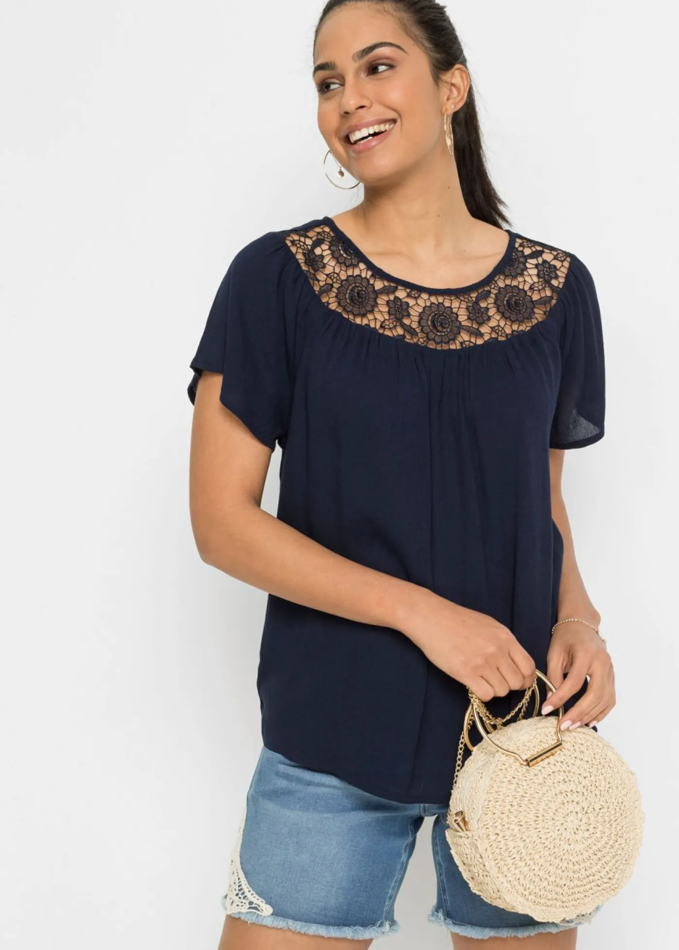 bonprix bonprix Blusa de viscosa pura Azul marino Online
