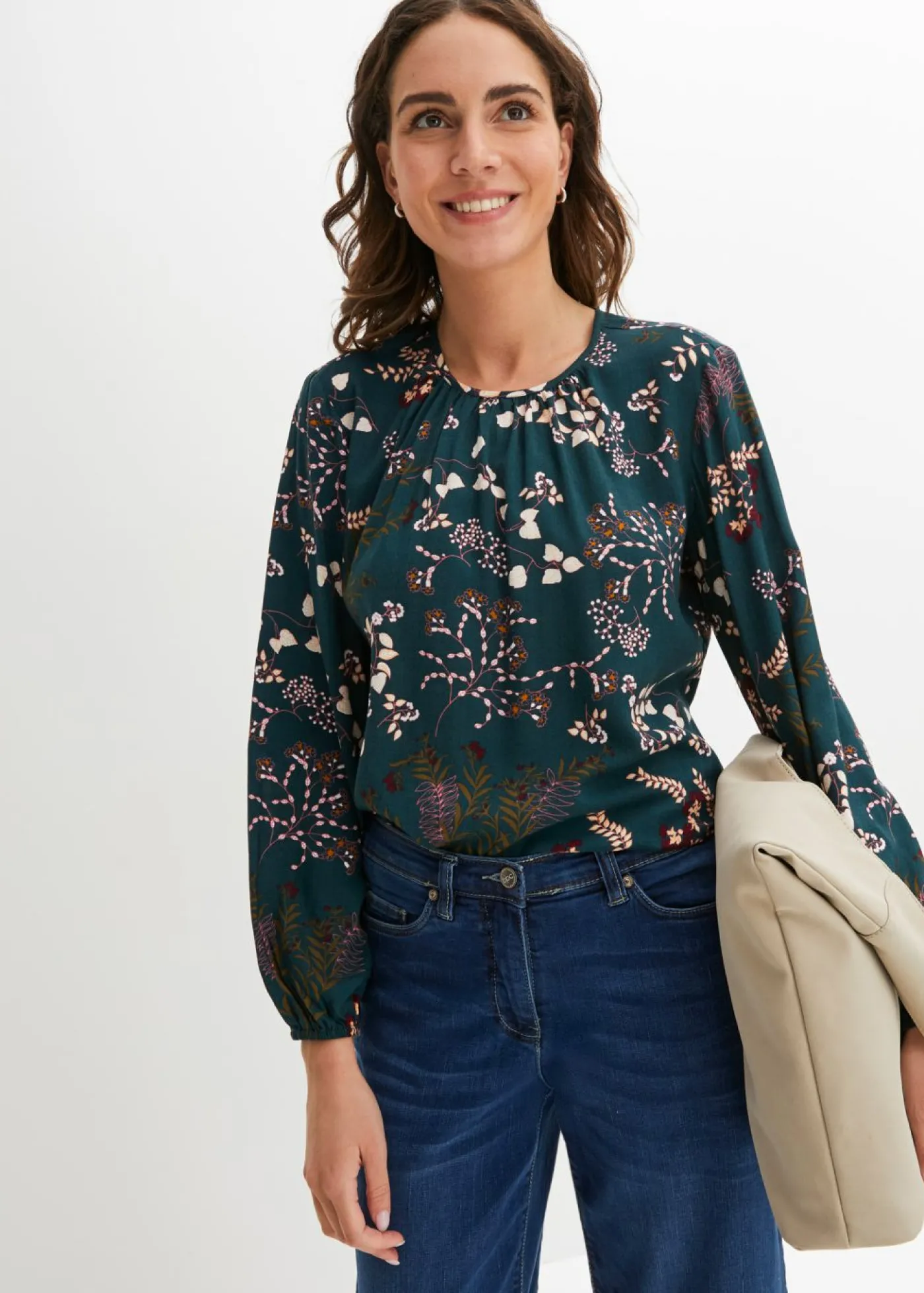 bonprix bonprix Blusa de viscosa sostenible verde intenso con flores