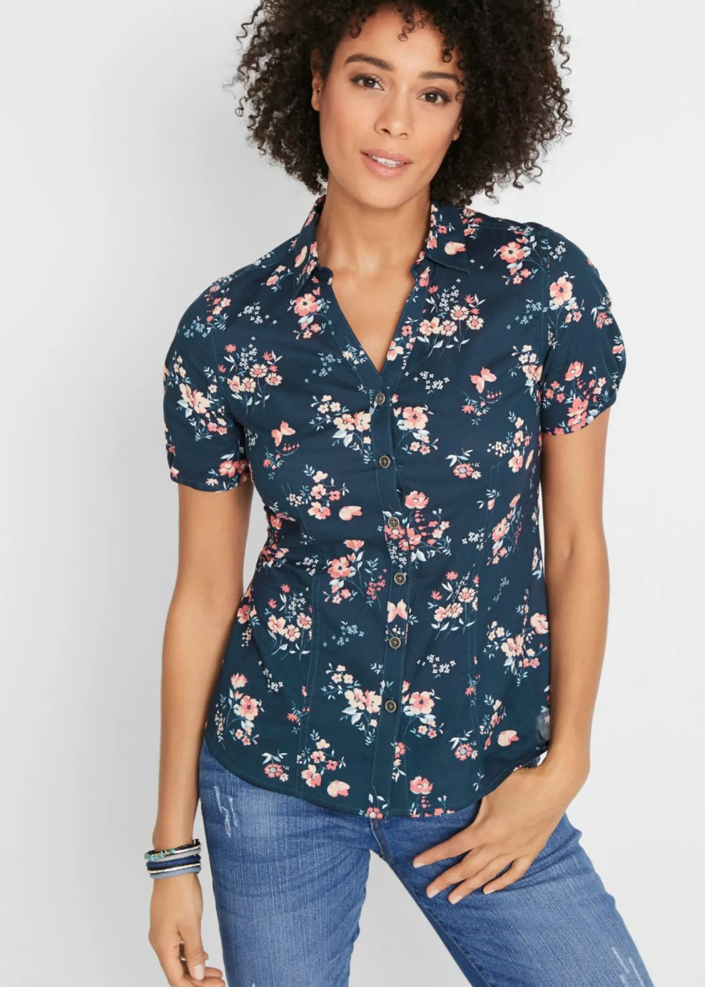bonprix bonprix Blusa estampada de manga corta Azul oscuro estampado