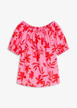 bonprix bonprix Blusa estampada de mezcla de viscosa fina con escote bañera rojo / rosa caliente Hot