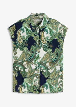 bonprix bonprix Blusa estampada de viscosa fluida azul marino-blanco-verde claro Clearance