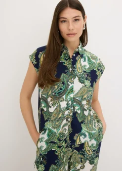 bonprix bonprix Blusa estampada de viscosa fluida azul marino-blanco-verde claro Clearance