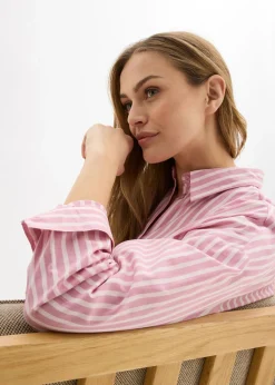 bonprix bonprix Blusa holgada de popelín de algodón malva-rosa claro rayas verticales