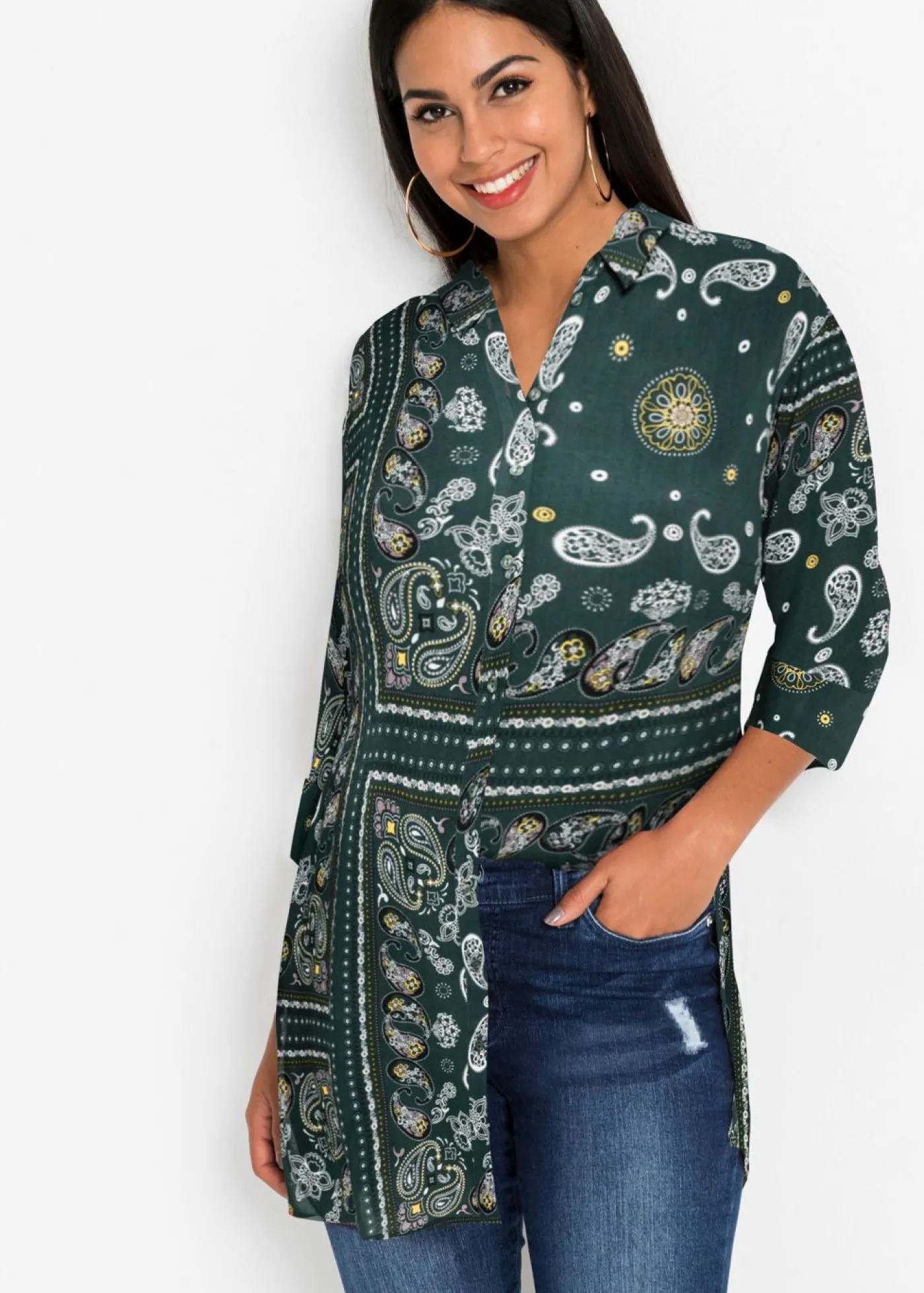 bonprix bonprix Blusa larga Verde oscuro con patrón paisley