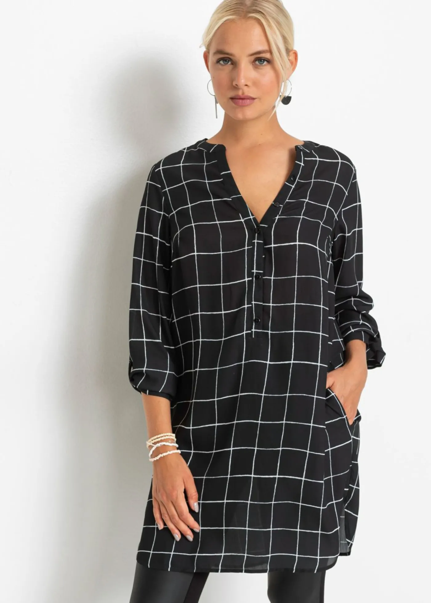 bonprix bonprix Blusa larga Negro-blanco de cuadros Outlet