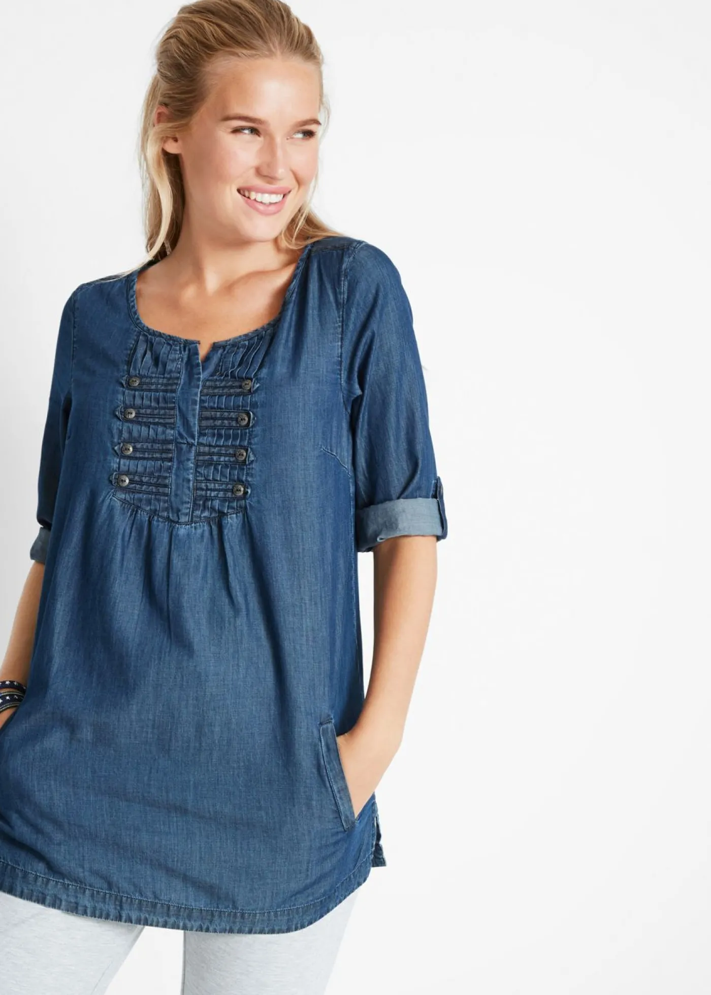 bonprix bonprix Blusa larga con corte en A Denim Discount