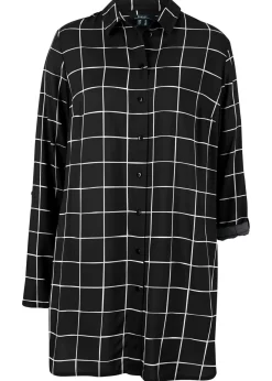 bonprix bonprix Blusa larga de cuadros con bolsillos Negro-blanco lana de cuadros Outlet