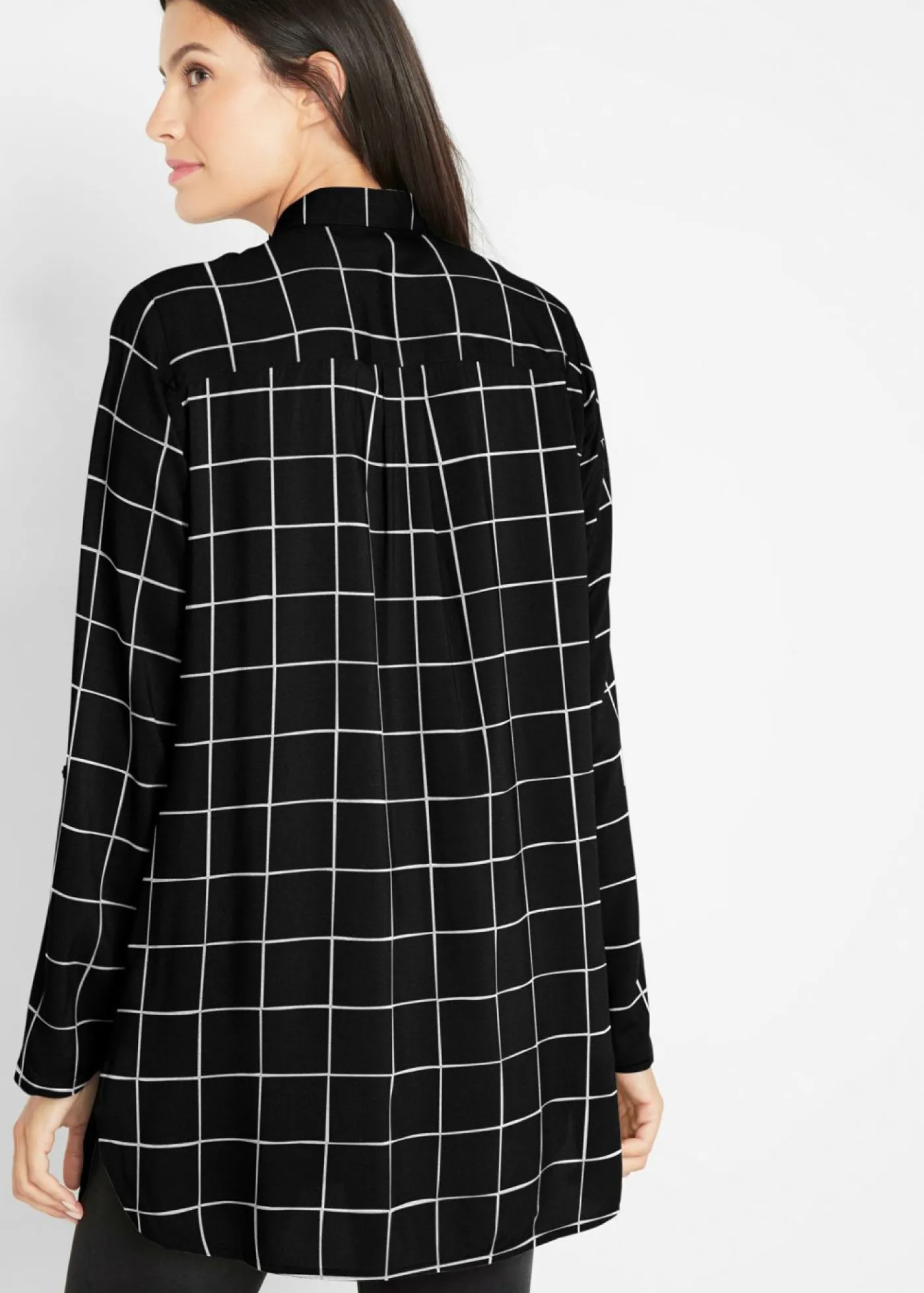bonprix bonprix Blusa larga de cuadros con bolsillos Negro-blanco lana de cuadros Outlet