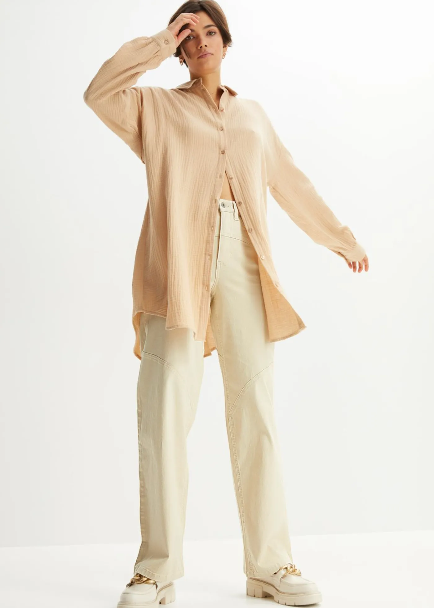 bonprix bonprix Blusa larga de muselina con corte holgado Café con leche Discount