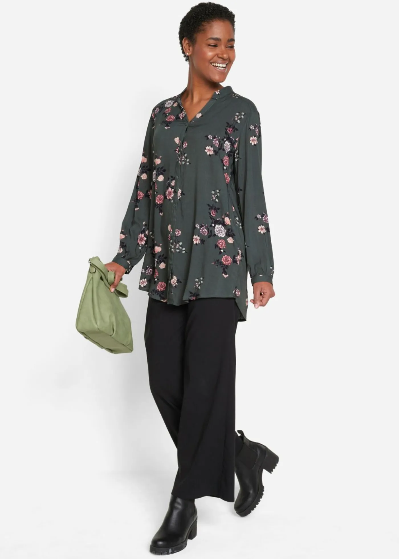 bonprix bonprix Blusa larga de viscosa fluida Verde eucalipto de flores Outlet
