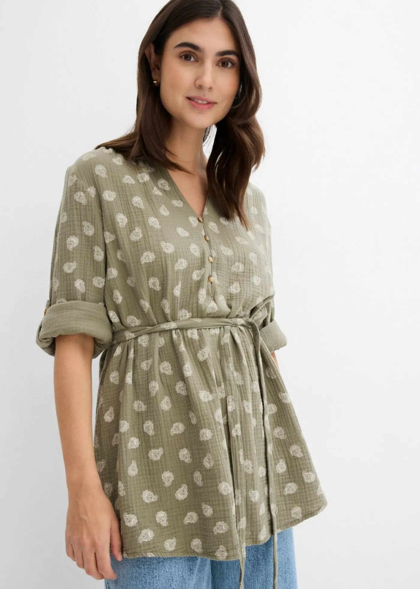 bonprix bonprix Blusa premamá/de lactancia de muselina de algodón puro Verde oliva-blanco lana Best