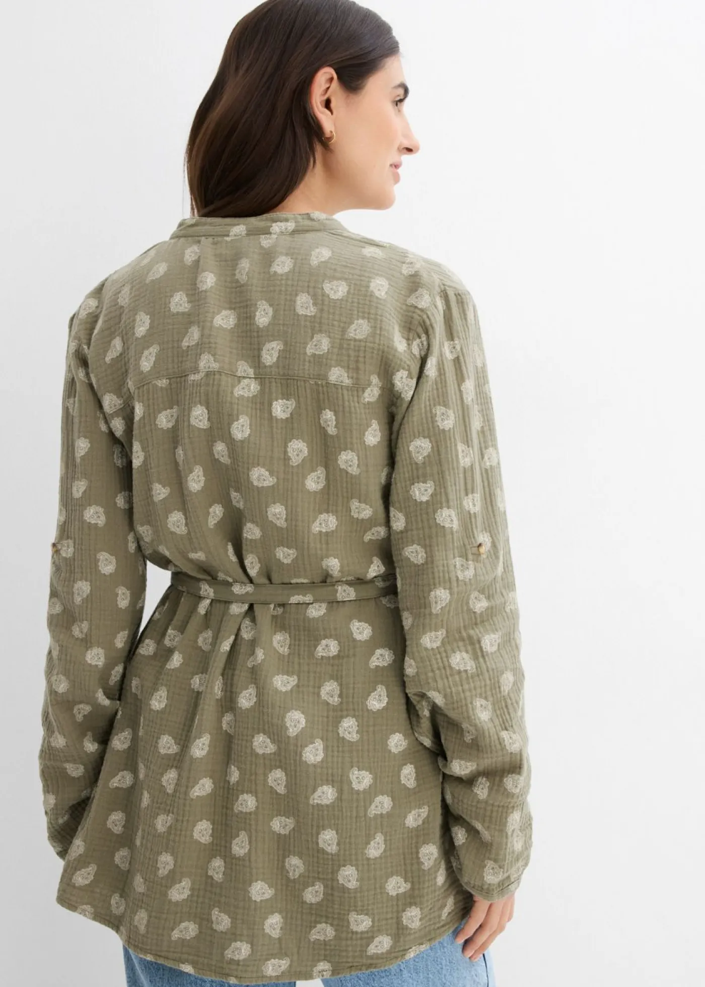 bonprix bonprix Blusa premamá/de lactancia de muselina de algodón puro Verde oliva-blanco lana Best