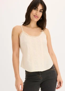 bonprix bonprix Blusa sin mangas de algodón puro con bordado calado Crudo Discount