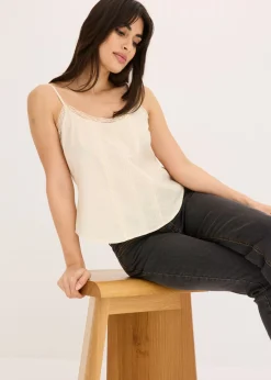 bonprix bonprix Blusa sin mangas de algodón puro con bordado calado Crudo Discount