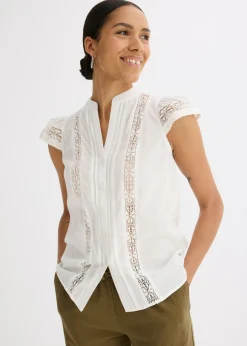 bonprix bonprix Blusa sin mangas de algodón puro con bordado calado Blanco lana