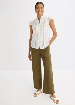 bonprix bonprix Blusa sin mangas de algodón puro con bordado calado Blanco lana